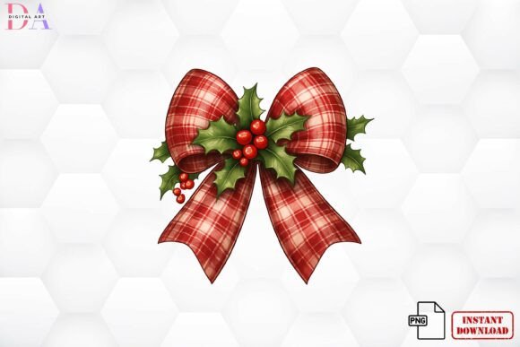 Download Red Plaid Christmas Bow Holly PNG - Png Collection